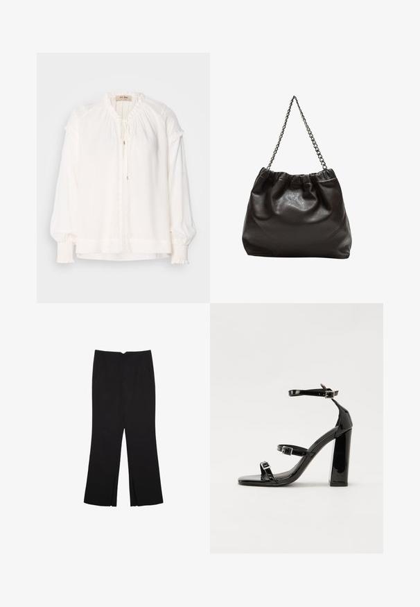 Biała bluzka z długim rękawem, wykonana z lekkiego materiału, z marszczonym dekoltem, falbanami na rękawach oraz z przodem zapinanym na kokardkę.; Czarne spodnie o prostym kroju, z przednimi kieszeniami i bocznymi rozcięciami na dole. Wykonane z miękkiego, gładkiego materiału. Odpowiednie na różne okazje.; Czarne lakierowane sandały na obcasie z kwadratowym noskiem, z paskami wokół kostki i srebrnymi klamrami. Posiadają masywny słupek dla stabilności.; Brązowa skórzana torba z marszczonym szczytem i łańcuszkowym paskiem. Gładka tekstura z błyszczącym wykończeniem i subtelnymi detalami szwów po bokach.