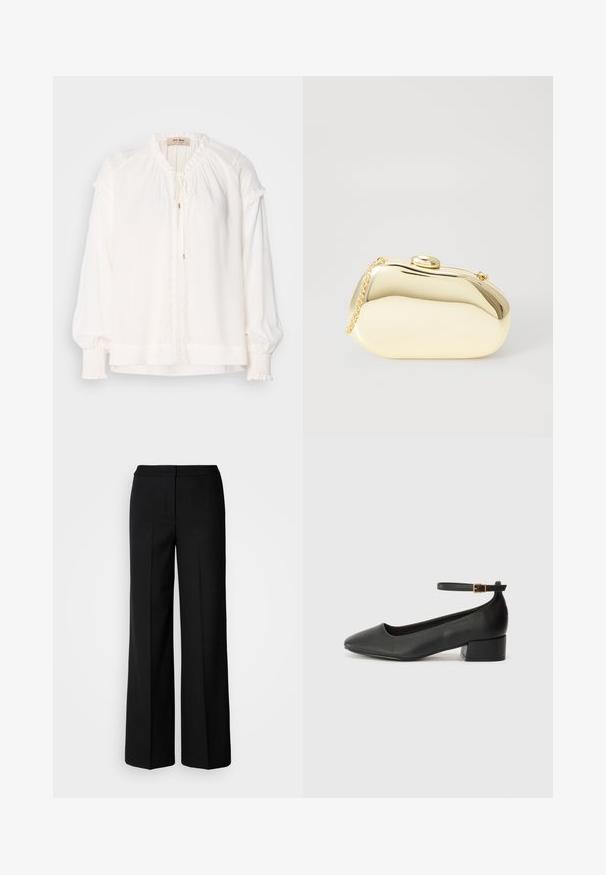 White long-sleeve blouse made of lightweight fabric, featuring a gathered neckline, ruffled accents at sleeves, and a front tie closure.; Black wide-leg trousers with a smooth fabric, featuring a high waist, tailored seams, and a minimalist design. No visible hardware or pockets.; Black leather pump with a pointed toe and a low block heel. Features an ankle strap with a gold-tone buckle. Smooth texture.; Metallic gold clutch with a smooth, rounded shape, featuring a top button clasp and a small chain strap for carrying.