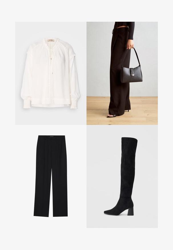 Balta ilgomis rankovėmis palaidinė, pagaminta iš lengvos medžiagos, su susiraukšlėtu kaklu, volanėlių akcentais ant rankovių ir priekinio rišimo uždarymu.; Juodos kelnes su tiesiomis sijonais, turinčios dvi priekinės kišenės ir juosmenį. Pagamintos iš lygios, lengvos medžiagos.; Juoda zomšinė kelio ilgio batai su blokuotu kulnu, smailiu nosiu ir lygiu, be siūlių dizainu ant paprastos šviesios fono.; Juodas rankinė struktūrizuota forma, lygi tekstūra ir metalinis užsegimas. Suporuota su plačiomis juodomis kelnėmis ir atvirais bateliais ant medinių grindų.