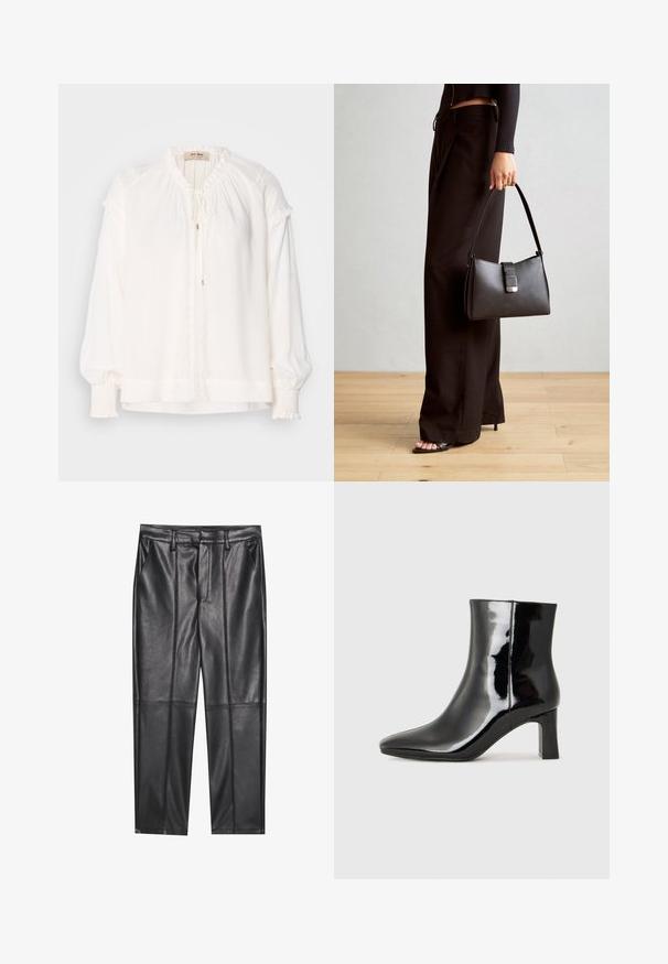 Blouse blanche à manches longues en tissu léger, avec un col froncé, des accents volantés au niveau des manches et une fermeture à lien sur le devant.; Pantalons en cuir noir avec une texture lisse, présentant une coupe droite, deux poches avant et des coutures visibles.; Bottines en cuir verni noir avec un bout pointu et un talon block de hauteur moyenne. Texture lisse et design minimaliste.; Sac à main noir à la forme structurée, texture lisse et fermoir métallique. Associé à un pantalon noir ample et des sandales ouvertes sur un sol en bois.