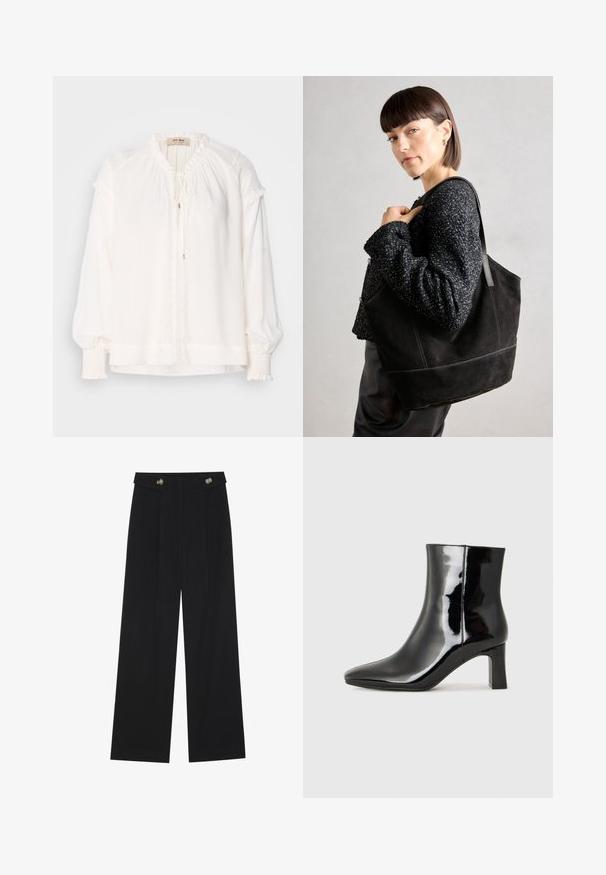 Valkoinen pitkähihoinen pusero, joka on valmistettu kevyestä kankaasta. Puserossa on ryppyä taita sekä rypytykset hihoissa ja etutaitteen sulkeminen nauhalla.; Mustat leveälahkeiset housut, joissa on korkea vyötärö, napit vyötärönauhassa ja etupuolella laskokset.; Musta patenttilakattu nilkkuri, jossa on terävä kärki ja keskipitkä lohkarekorko. Silkkinen pinta ja minimalistinen muotoilu.; Musta mokkanahkainen laukku, jossa on sileä pinta, jämäkkä muoto ja kontrastivärinen ommel. Varustettu pitkillä hihnoilla olalla kantamista varten.