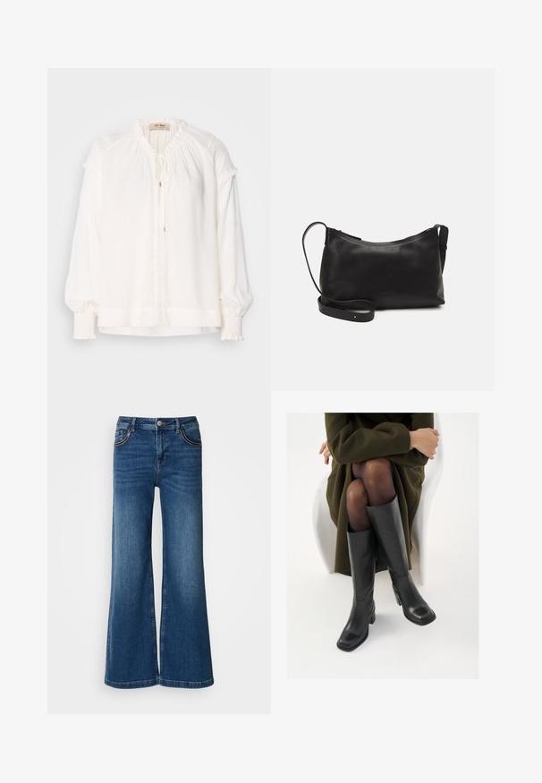 Blouse blanche à manches longues en tissu léger, avec un col froncé, des accents volantés au niveau des manches et une fermeture à lien sur le devant.; Jean large en denim bleu foncé. Dispose de cinq poches avec des coutures contrastées, d'un bouton en métal et d'un design classique à coupe droite.; Bottes en cuir noires arrivant au genou, avec un bout carré et un talon carré, présentées sur un modèle assis dans un manteau vert olive. Texture lisse, détails minimaux.; Sac à épaule en cuir noir avec une texture lisse, une forme courbée, une bandoulière ajustable et une fermeture éclair. Design minimaliste sans embellissements.
