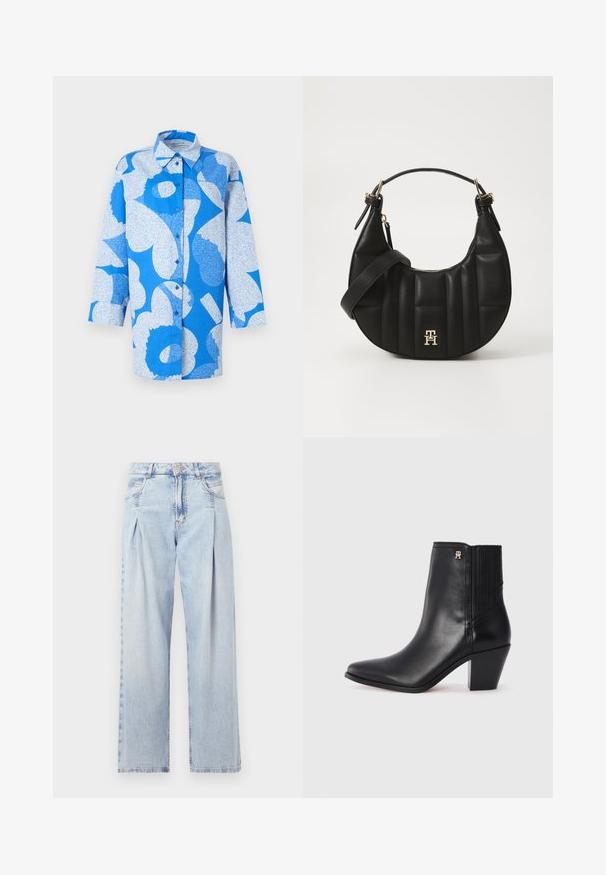 Marimekko HEITTO UNIKKO - Camicia - blue/white; Jeans in denim azzurro chiaro con vita alta, taglio a gamba larga, due tasche laterali e design plissettato. Texture morbida con una finitura sbiadita.; Stivale alla caviglia in pelle nera con punta affilata, pannelli laterali elasticizzati e tacco quadrato. Presenta un piccolo dettaglio con logo dorato.; Borsa a spalla in pelle nera con forma curva, texture trapuntata e dettagli in oro. Presenta una tracolla removibile e dettaglio del logo.