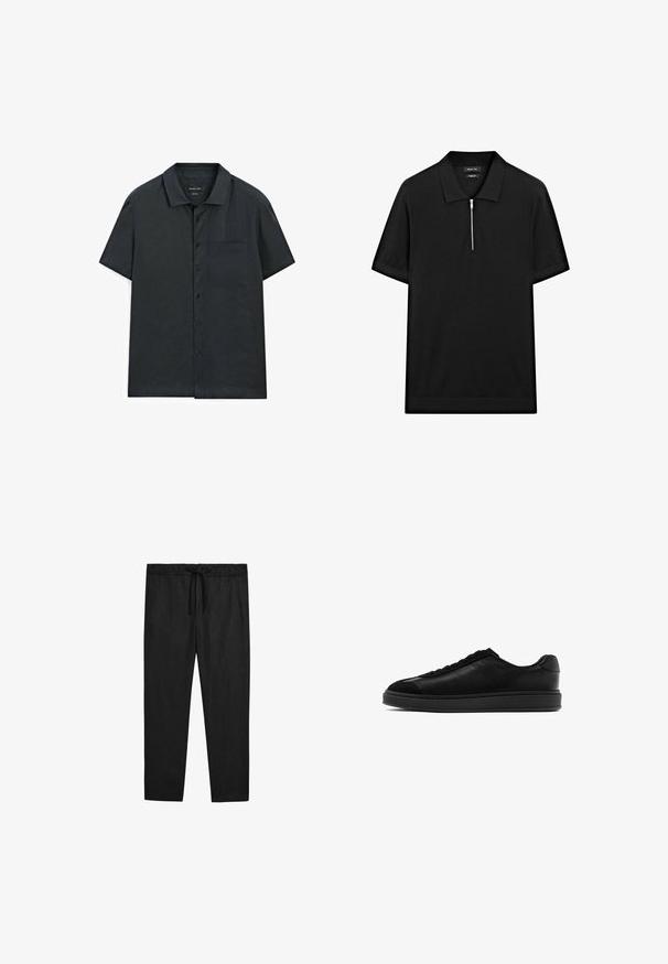Kurzarm-Hemd aus dunkelgrauem Stoff, mit einem einfachen Kragen, einer Brusttasche und einer glatten Textur.; Schwarzes kurzärmliges Poloshirt mit Stehkragen und einem Reißverschluss vorne. Hergestellt aus einem glatten Stoff mit einem klaren, minimalistischen Design.; Massimo Dutti JOGGER FIT - Stoffhose - black; Schwarze Ledersneaker mit glatter Oberfläche, runder Zehenpartie, Schnürung vorne und einer kontrastierenden strukturierten Lasche. Dicke schwarze Gummisohle.