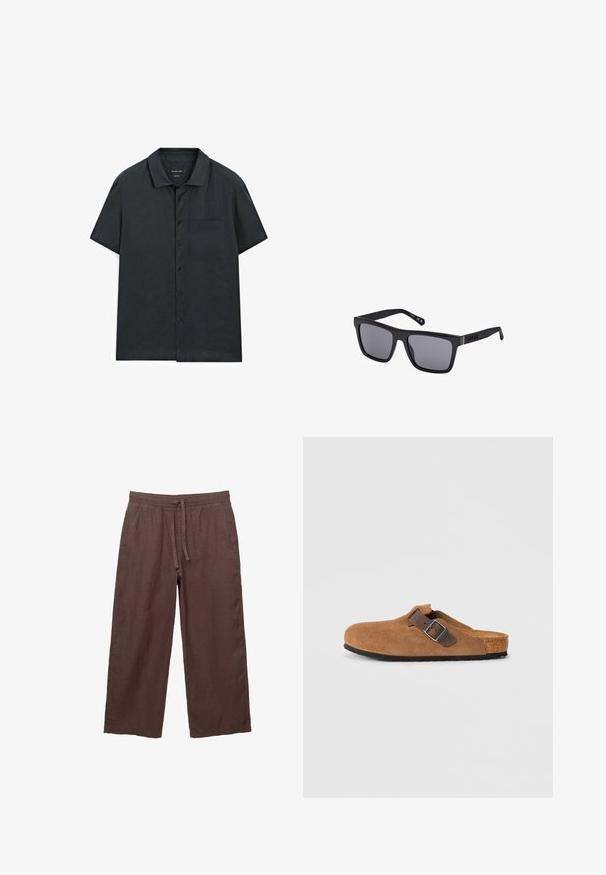 Koszulka z krótkim rękawem, zapinana na guziki, w ciemnoszarym kolorze, z prostym kołnierzykiem, jedną kieszenią na piersi i gładką fakturą.; Czarny polo z krótkim rękawem, wyróżniający się fakturowanym wzorem dżersejowym, z zapięciem na trzy guziki i klasycznym kołnierzykiem.; Brązowe lniane spodnie z szerokimi nogawkami i elastycznym pasem na sznurku, z dwoma bocznymi kieszeniami i lekkim, teksturowanym materiałem.; Brązowe zamszowe klapki z regulowanym brązowym skórzanym paskiem i srebrną klamrą, z formowanym korkowym wkładem i teksturowaną gumową podeszwą.; Czarna prostokątna para okularów przeciwsłonecznych z ciemnymi soczewkami, matowym wykończeniem i detalem logo na zauszniku. Projekt charakteryzuje się prostymi krawędziami i grubymi oprawkami.