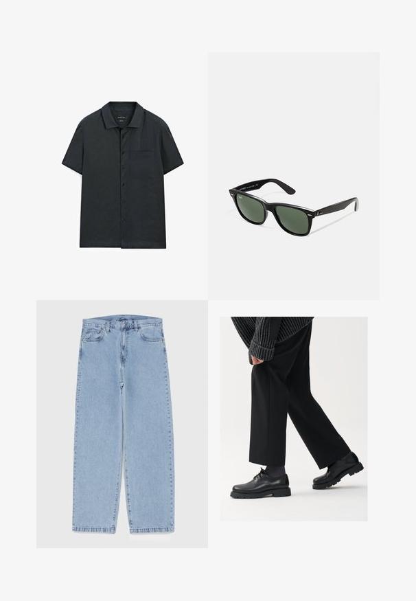 Camicia a maniche corte con bottoni in tessuto grigio scuro, con colletto semplice, taschino singolo e una consistenza liscia.; Jeans in denim azzurro chiaro con design a gamba dritta, caratterizzati da una vita media, cinque tasche e chiusura con bottone e zip.; Scarpe in pelle nera con punta arrotondata, design con lacci e suola spessa e texture. Indossate con pantaloni neri su misura e un maglione a coste.; Occhiali da sole in plastica nera con lenti verdi, montatura quadrata, dettaglio argento sulla parte superiore e steli con texture. Marchio indicato sulla parte interna dello stelo.