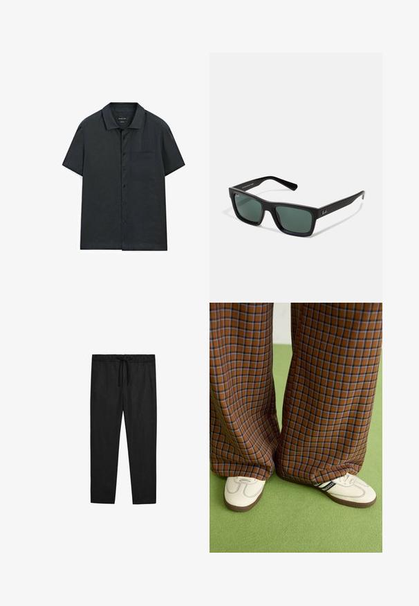 Korte mouwen overhemd met knopen in donkergrijze stof, met een eenvoudige kraag, een enkele borstzak en een gladde textuur.; Massimo Dutti JOGGER FIT - Broek - black; Bruine en blauwe geruite wijde broek, gecombineerd met witte schoenen met zwarte accenten en een gestructureerde zool, gezet tegen een groene achtergrond.; Zwarte rechthoekige zonnebril met groene lenzen, voorzien van een matte afwerking, rechte pootjes en het Ray-Ban-logo aan de zijkant.