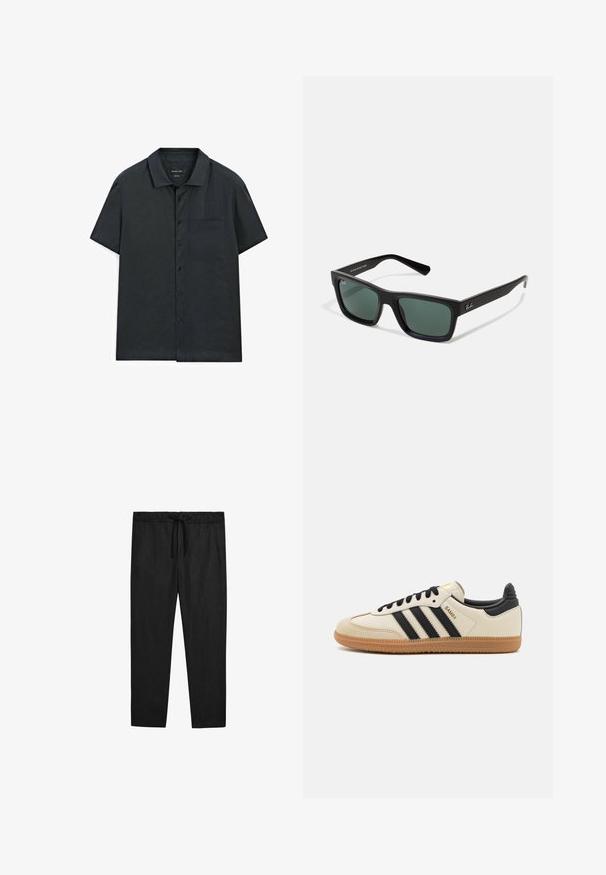 Korte mouwen overhemd met knopen in donkergrijze stof, met een eenvoudige kraag, een enkele borstzak en een gladde textuur.; Massimo Dutti JOGGER FIT - Broek - black; Beige sportieve schoen met zwarte strepen, gumrubberen zool en zwarte accenten. Beschikt over een gladleren bovenkant en een ronde neusdesign.; Zwarte rechthoekige zonnebril met groene lenzen, voorzien van een matte afwerking, rechte pootjes en het Ray-Ban-logo aan de zijkant.