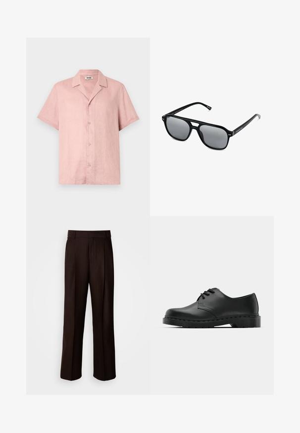 Kurzarmhemd aus weichem rosa Leinen mit einem Kentkragen, Knopfverschluss vorne und lockerer Passform. Glatte Textur mit dezentem Glanz.; Braune maßgeschneiderte Hose mit geradem Bein, versehen mit einer vorderen Falte, glatter Textur und klassischem Bund. Geeignet für formelle Anlässe.; Schwarze Leder-Oxford-Schuhe mit Schnürdesign, runder Zehenform, flacher Gummisohle und subtilen Nähten entlang des oberen Teils.; Schwarze Sonnenbrille mit rechteckigen Rahmen, grauen getönten Gläsern und einer Aussparung im Nasensteg. Schlanker, glänzender Kunststoff, mit schmalen Bügeln.
