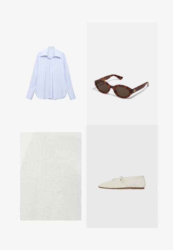 Camicia a maniche lunghe azzurro chiaro con righe bianche verticali, colletto a punta e chiusura con bottoni. Presenta una vestibilità comoda e maniche con polsini.; Tessuto di lino bianco con una trama strutturata, caratterizzato da un aspetto leggermente opaco e da irregolarità naturali sparse nel materiale.; Ballet flat in rete color crema con punta affusolata e cinturino regolabile. Presenta una tomaia testurizzata e una suola piatta marrone.; Occhiali da sole in tartaruga con montatura arrotondata, lenti scure e dettagli in oro sul tempio. Materiale in plastica liscia, senza schemi visibili.; Borsa a tracolla in pelle intrecciata marrone con una forma triangolare morbida. Presenta una maniglia intrecciata e una chiusura con zip lungo la parte superiore.