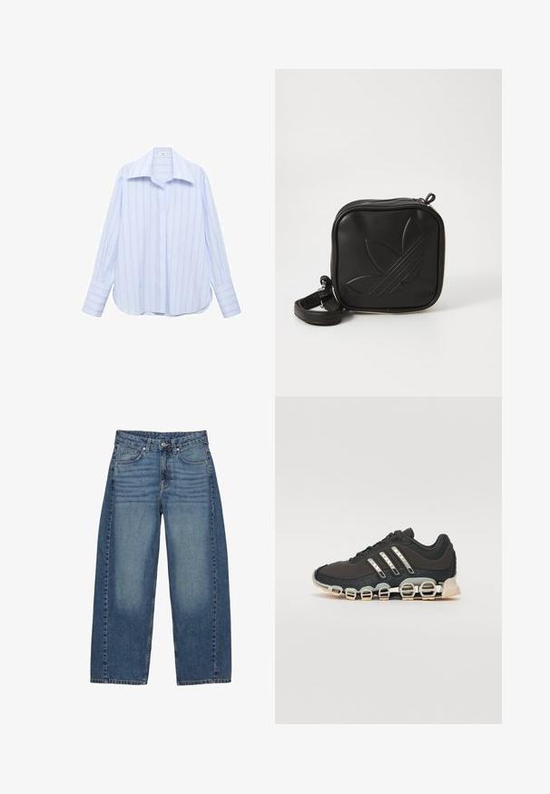 Svetlomodrá košeľa s dlhým rukávom a vertikálnymi bielymi pruhmi, s ostrým golierom a zapínaním na gombíky. Má voľný strih a manžety na rukávoch.; Džínsy s širokým strihom v modrej farbe vyrobené z denimu, s klasickým dizajnom piatich vreciek, s vyblednutým umývaním a tónovaným prešívaním.; Čierna športová obuv s textúrovaným zvrškom, tromi striebornými pruhmi a charakteristickou podošvou s viacerými integrovanými sekciami.; Čierna štvorec krossbody taška vyrobená z textúrovaného syntetického materiálu. Obsahuje embosovanú logo úpravu a nastaviteľný popruh. Zapínanie na zips.