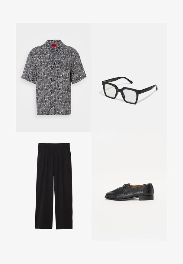 Camisa de manga corta, con patrón en blanco y negro, con cuello tipo camp y corte holgado. Presenta un diseño geométrico y una etiqueta roja de HUGO en el cuello.; Pantalones de pierna ancha negros con frente plisado, bolsillos laterales y una textura de tela suave. Diseñados para un ajuste relajado.; Zapato de cuero negro con un acabado texturizado, punta redondeada y un pequeño lazo decorativo en la parte superior. Cuenta con un tacón bajo y robusto.; Gafas de sol cuadradas negras con acabado mate, que presentan lentes transparentes y un leve tinte azul en un lado. Diseño robusto y angular.