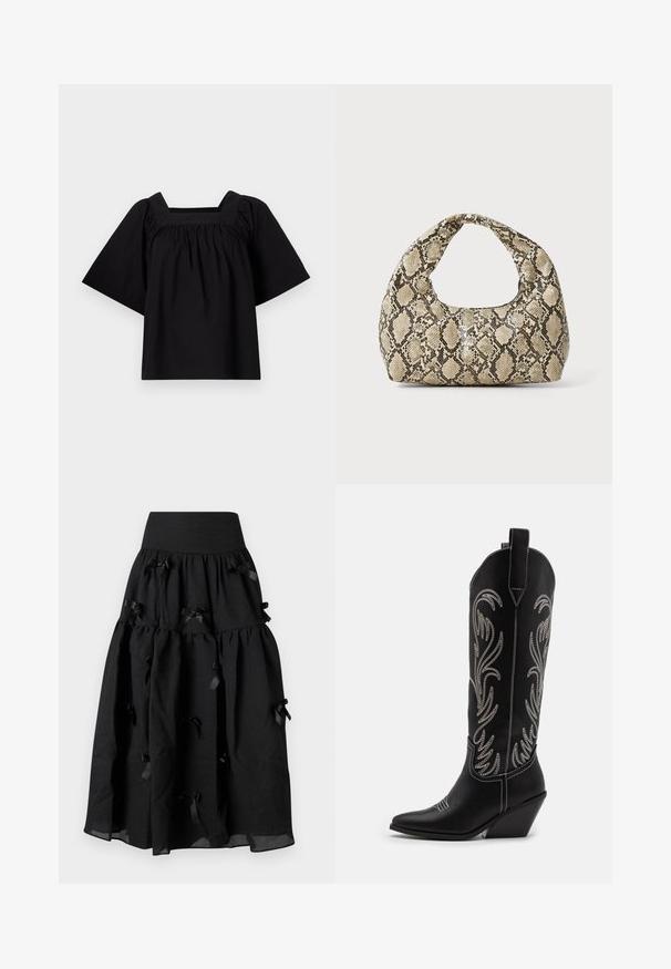 Schwarzes Baumwolloberteil mit quadratischem Ausschnitt, kurzen, weiten Ärmeln und gerafften Details an der Taille für eine entspannte Passform. Einfaches und minimalistisches Design.; Sister Jane BIRDIE BOW MIDI SKIRT - A-Linien-Rock - black; Schwarze Leder-Cowboy-Stiefel mit spitzen Zehen, Keilabsätzen und silbernen, gestickten Blumenmustern entlang des Schafts. Kontrastnähte über das gesamte Design.; Schlangenmuster-Tasche mit einem gebogenen Griff. Hergestellt aus strukturierten, beige- und braunfarbenen Materialien, die ein markantes Diamantmuster aufweisen.