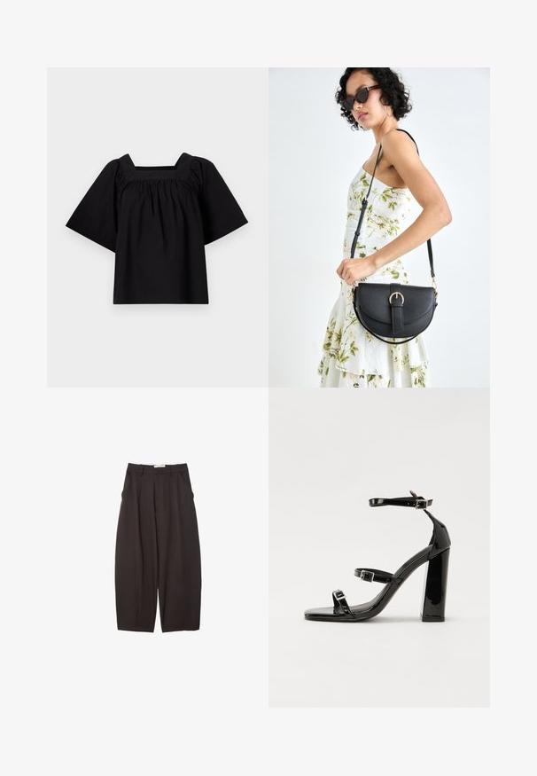 Sort bomulds top med firkantet udskæring, korte brede ærmer og samlet detaljering i taljen for en afslappet pasform. Enkel og minimalistisk design.; Sorte brede bukser lavet af et glat stof, med høj talje, forfaldne folder og sidelommer. Simpelt design uden udsmykninger.; Sorte patenterede hælsandaler med firkantet tå, ankelremme og sølvspænder. Har en chunky blokHæl for stabilitet.; Sort læderhåndtaske med en buet form, aftagelig rem og guldfinish. Tasken har en klap med en spænde detalje.