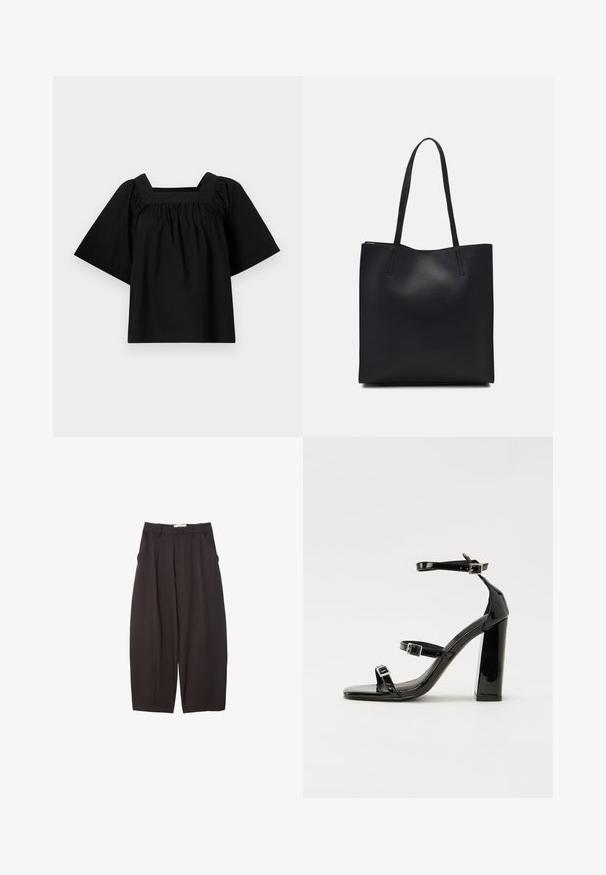 Čierny bavlnený top so štvorcovým výstrihom, krátkymi širokými rukávmi a zružením v oblasti pása pre voľný strih. Jednoduchý a minimalistický dizajn.; Čierne široké nohavice vyrobené z hladkej tkaniny, s vysokým pásom, prednými skladmi a bočnými vreckami. Jednoduchý dizajn bez ozdôb.; Čierne lakované sandále na podpätku so štvorcovou špičkou, navlečenými remienkami okolo členku a striebornými prackami. Disponujú masívnym blokovým podpätkom pre stabilitu.; Čierna kožená taška na rameno s hladkým povrchom, obdĺžnikovým tvarom a dvoma dlhými uchami. Bez viditeľného kovania alebo ozdôb.