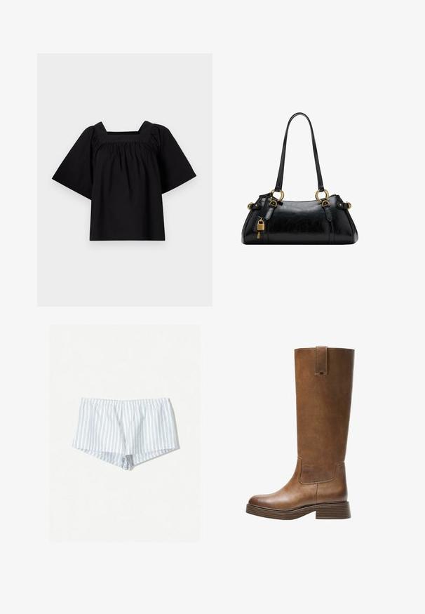Top in cotone nero con scollatura quadrata, maniche corte e larghe, e dettagli arricciati in vita per un fit rilassato. Design semplice e minimal.; Pantaloni corti bianchi con strisce blu, vita elasticizzata e vestibilità rilassata. Presenta un dettaglio con bottone sulla parte anteriore e una texture di tessuto morbido.; Stivale marrone in pelle alto fino al ginocchio, con punta tonda, superficie testurizzata e tacco basso impilato. Presenta un pannello laterale e una linguetta di apertura in cima.; Borsa a mano in pelle nera con una texture liscia, forma arrotondata, dettagli in hardware dorato e doppi manici. Presenta un lucchetto decorativo sul lato.