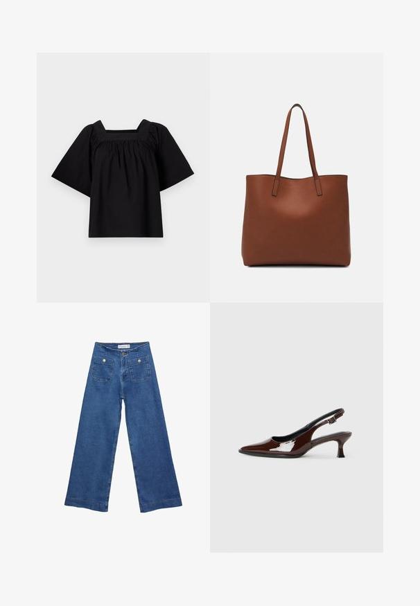 Sort bomulds top med firkantet udskæring, korte brede ærmer og samlet detaljering i taljen for en afslappet pasform. Enkel og minimalistisk design.; Denim brede ben jeans med en mellemblå vask, to forlommer med knaplukninger og syet detaljering langs sømmene.; Brun patenteret læder slingback sko med spids tå og en moderat hæl. Har en spænde rem for en sikker pasform. Glat tekstur.; Brun læder tote taske med en glat overflade, åben topdesign og to skulderremme. Har minimal syning og ingen synlig hardware.