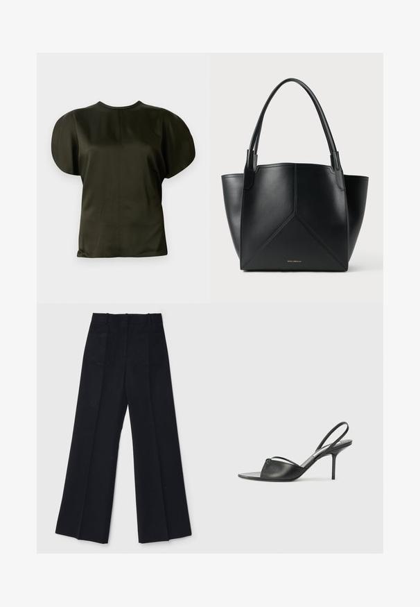 Trumpai rankovėmis viršus tamsiai alyvuogių spalvos, pasižymintis lygiu, satino tipo paviršiumi, apvaliais pečiais ir paprastu apvaliu iškirpimu.; Juodi plačių kojų kelnes, pagamintas iš lygios medžiagos, su aukštu liemeniu, dviem užpakalinėmis kišenėmis ir subtiliomis priekinėmis raukšlėmis, suteikiančiomis papildomą formą.; Juodos odinės slingback aukštakulnės bateliai su smailiu priekiniu galu, plona kulkšnies juostele ir stiletto kulnu. Papuošti mazginio detalė vampyro dalyje.; Juodas odinis nešiojimo krepšys su geometriniu dizainu, turintis dvi rankenas ir auksinį prekės ženklą priekyje. Lygus paviršius ir struktūrizuota forma.