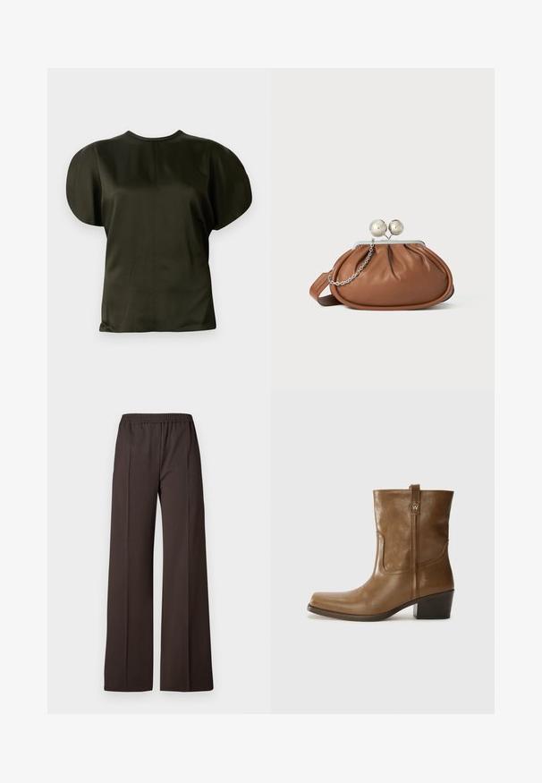 Kortärmad topp i mörk olivgrön, med en slät, satinkänsla, rundade axlar och en enkel rund halsringning.; Vidbyxorna i mörkbrunt tyg har ett elastiskt midjeband och en slät yta med rena linjer för en skräddarsydd look.; Brun läderankelsk boot med fyrkantig tå, texturerad yta och låg staplad klack. Har en bakre dragflik och subtila sömnadsdetaljer.; Brun läderhandväska med silverkulklämma och en liten silversked på vit bakgrund.