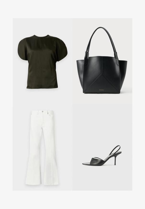 Rövid ujjú, sötét olajzöld felső, sima, selyemszerű textúrával, lekerekített vállakkal és egyszerű pólónyakkivágással.; Fehér farmer flare nadrág magas derékkal, gombos záródással, két elülső zsebbel és nyers szélességű díszítésekkel az alján.; Fekete bőr, hátsó pántos, hegyes orrú magassarkú cipők vékony bokapánttal és stiletto sarkukkal. Az orrban csomózott részlet található.; Fekete bőr totes táska geometrikus mintával, két füllel és aranyszínű logóval az elején. Simább textúra és strukturált forma.