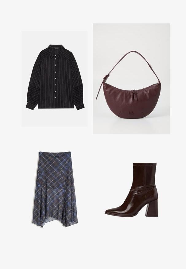 Black button-up shirt with white stripes, featuring a pointed collar, long sleeves, and elastic cuffs. Made from a textured fabric.; Black plaid skirt featuring blue and brown lines, flowing design, mid-length, made from lightweight fabric with a smooth texture.; Brown patent leather ankle boot with a pointed toe, elasticized ankle, and a chunky block heel. Sleek design with smooth texture.; Maroon leather handbag with a curved design, featuring a zip closure, two zipper pulls, and a short shoulder strap. Detailing includes embossed logo.