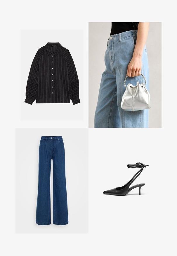 Juodas marškiniai su baltais dryžiais, su smailiu apykakle, ilgomis rankovėmis ir elastingais rankogaliais. Pagaminta iš tekstūruoto audinio.; Mėlynos plačios džinsinio audinio kelnės su aukšta juosmens linija, priekyje mygtukas ir užtrauktukas, bei priekinės ir užpakalinės kišenės prieš paprastą foną.; Juodas odinis stiletto batelis su smailiu nosiu, atvira nugara ir užrištomis kulkšnies juostelėmis. Plonas 3 colių kulnas. Lygi tekstūra, minimalistinis dizainas.; Metalinis sidabrinis kibirėlis su tekstūruota apdaila, papuoštas sidabriniu apvaliu rankeniu ir raišteliu, laikomas prieš šviesiai mėlynus džinsus.
