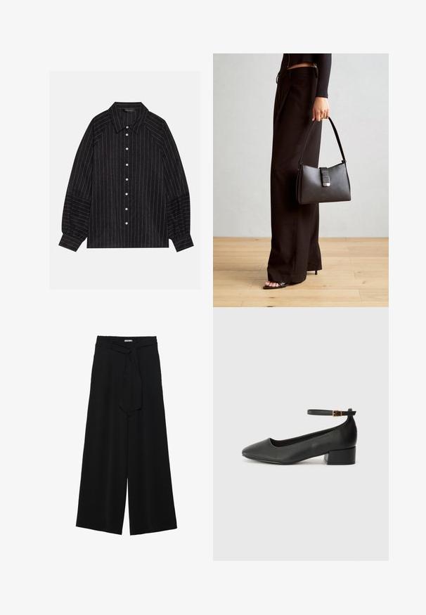 Must must-valge triibuline särk, millel on terav krae, pikad varrukad ja elastsed mansetid. Valmistatud tekstureeritud kangast.; Mustad laiad püksid, millel on tekstureeritud kangas, elastne vöökoht ja eemaldatav pael vööst, et reguleerida sobivust.; Must mustaapp, millel on terav nina ja madal blokk-kand. Omab pahkluu rihma koos kuldse tooni pandlaga. Sile tekstuur.; Must musta kott, millel on struktureeritud kuju, sile tekstuur ja metallist klamber. Kombineeritud laiate mustade pükstega ja avatud varvaste sandaalidega puidust põrandal.