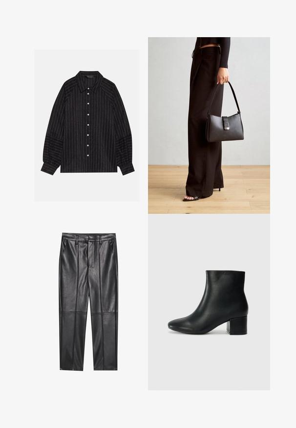 Melna pogājamā krekla ar baltām svītrām, kuram ir garas piedurknes, norādīta apkakle un elastīgas aproces. Izgatavots no teksturēta auduma.; Melni ādas bikses ar gludu tekstūru, taisnas piegriezuma, divi priekšējie kabatas un redzami šuvju izstrādājumi.; Melna ādas potīšu zābaki ar smailu purngalu un masīlu papēdi. Gluda tekstūra ar minimāliem akcentiem un gludu, pieguļošu dizainu.; Melnā somiņa ar strukturētu formu, gludu tekstūru un metālu sprādzi. Saskaņota ar platām melnām biksēm un sandālēm ar atvērtu purngalu uz koka grīdas.