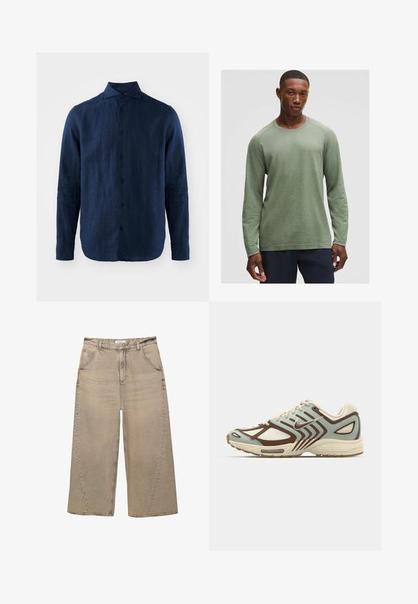 Dunkelblaues Leinenhemd mit langen Ärmeln, spitzem Kragen, Frontknopfverschluss und strukturiertem Stoff. Abgerundeter Saum und geknöpfte Manschetten.; Langärmliges Shirt in gedämpftem Grün mit strukturiertem Muster, rundem Ausschnitt und Raglanärmeln, aus weichem, leichtem Stoff gefertigt.; PULL&BEAR MEGA BAGGY - Baggy Jeans - light grey; Hellblaue und braune Sneaker mit einem strukturierten Mesh-Obermaterial, geschichtetem Design, reflektierenden Akzenten und einer gepolsterten cremefarbenen Zwischensohle.