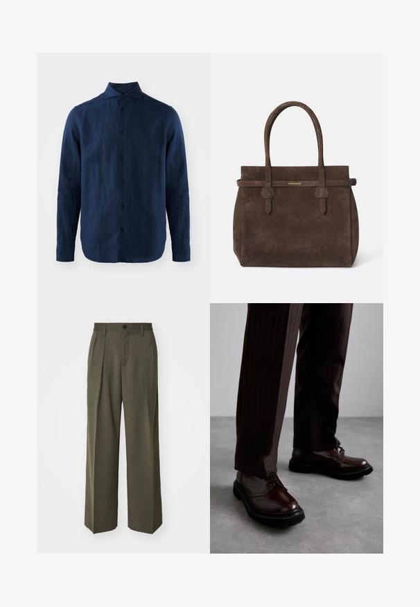 Donkerblauw linnen overhemd met lange mouwen, een puntige kraag, sluiting met knopen aan de voorkant en een geweven stof. Rondom afgewerkte onderkant en met knopen sluitende manchetten.; Witte katoenen mouwloze tanktop met een ronde halslijn, met een gladde textuur en een aansluitende pasvorm, ontworpen voor casual gebruik.; Filippa K WIDE TROUSERS - Broek - driftwood; Bruine leren veterschoenen met een glanzende afwerking, zwarte rubberen zool en subtiele stiksels. Draag ze met bruin gestreepte broek.; Donkerbruin suède tote bag met dubbele handvatten en een horizontale strap met een klein gouden DSQUARED2 logo plaatje.