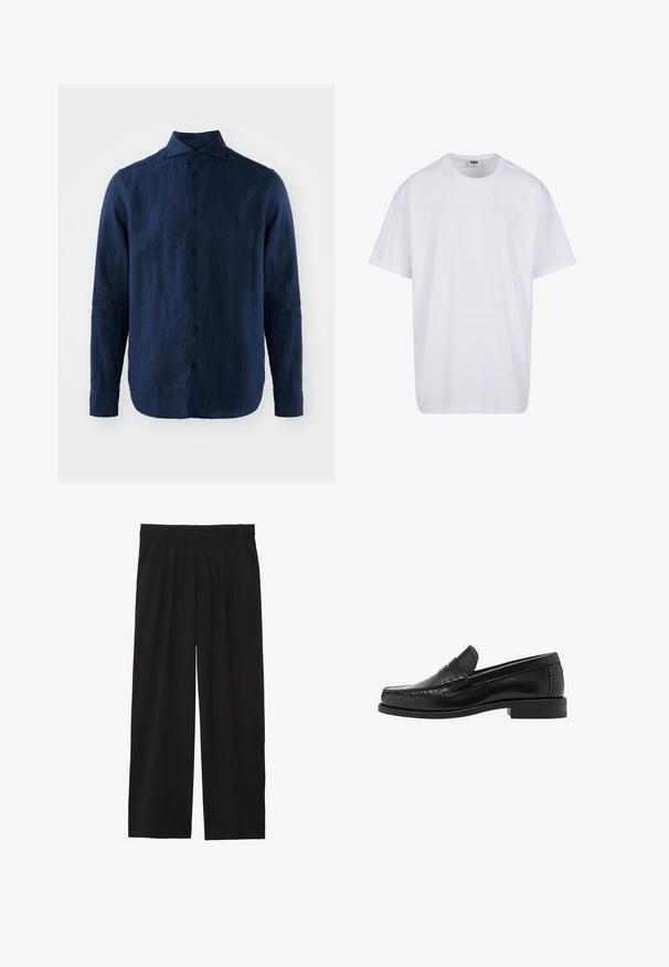 Navy blue linen long-sleeve shirt with a pointed collar, front button closure, and textured fabric. Rounded hem and buttoned cuffs.; White cotton t-shirt with short sleeves, rounded neckline, relaxed fit, and no visible logos or patterns. Smooth texture and minimal design.; Black wide-leg trousers with a pleated front, side pockets, and a smooth fabric texture. Designed for a relaxed fit.; Black leather loafers with a smooth finish, stitched detailing on the toe, and a low heel design for comfort and style.