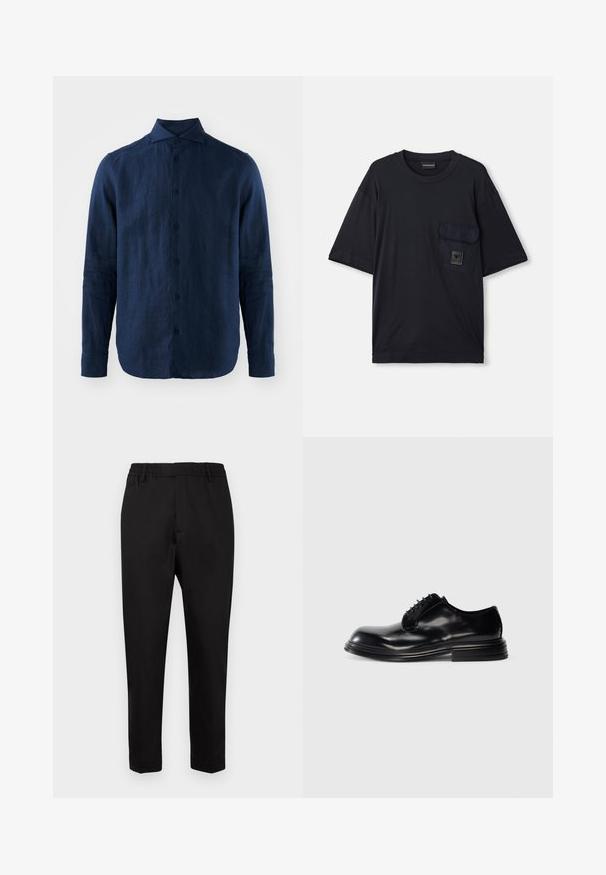 Navy blue linen long-sleeve shirt with a pointed collar, front button closure, and textured fabric. Rounded hem and buttoned cuffs.; Black short-sleeve crew neck T-shirt with a flap pocket on the left chest featuring a small rectangular logo patch.; Black trousers with an elastic waistband, tapered legs, and a smooth texture. Features minimal seams with no visible hardware or accents.; Black leather dress shoe with a rounded toe, smooth finish, lace-up design, and a stacked heel. Minimalist style with no visible logos.