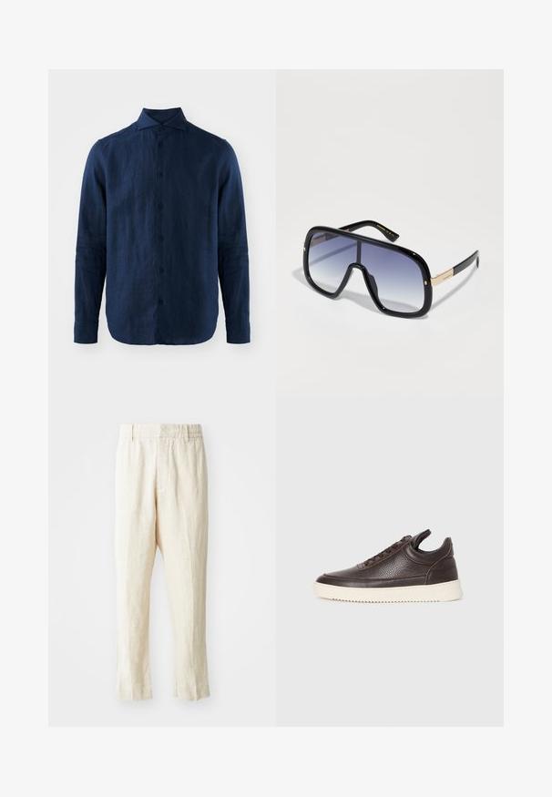 Navy blue linen long-sleeve shirt with a pointed collar, front button closure, and textured fabric. Rounded hem and buttoned cuffs.; Beige linen trousers with a loose fit, tapered legs, and a flat front. Features an elastic waistband for comfort and minimal seam detailing.; Dark brown textured leather sneaker with lace-up front and white ridged rubber sole on a plain light background.; Oversized black sunglasses with a gradient purple lens, glossy finish, and gold accents on the temple. Rectangular frame shape.