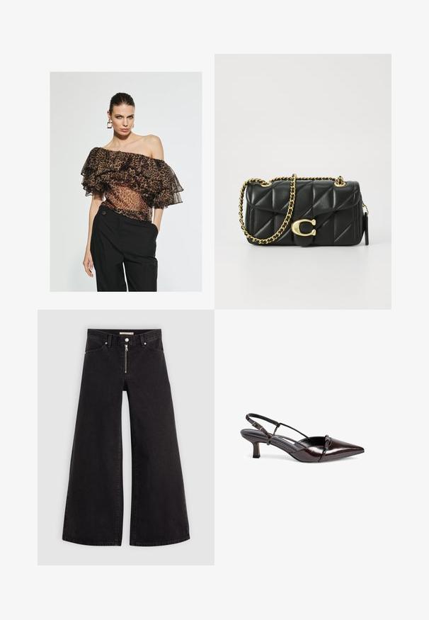 LOLA CASADEMUNT Blúzka - brown; Dlhé nohavice vo voľnom strihu z čierneho denimu so zipsom vpredu, päť vrecúškovým dizajnom a jemnými stehovými detailmi. Hladká textúra a neformálny štýl.; Hnedé lakované lodičky na opätku so špicatou špičkou, malým blokovým opätkom, dizajnom s krížovým remienkom a dekoratívnou mašľou vpredu.; Čierna lesklá kožená kabelka s prešívaním, so zlatým reťazovým popruhom a uzáverom na klip s okrúhlou ozdobou. Kompaktný obdĺžnikový tvar.