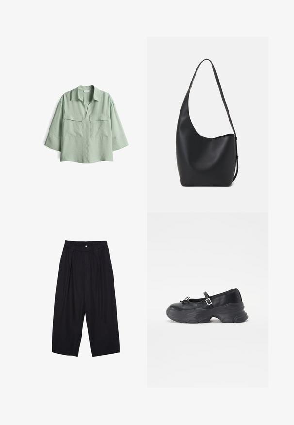 Camicia verde chiaro a maniche corte con colletto, dotata di due tasche frontali e vestibilità comoda. Realizzata in tessuto morbido e testurizzato.; Pantaloni culotte neri in poliestere con una cintura elastica, due pieghe frontali e una silhouette ampia. Nessun motivo visibile o dettagli in metallo.; Scarpa Mary Jane in pelle nera con punta arrotondata, dettaglio a fiocco e cinturino alla caviglia regolabile. Presenta una suola in gomma spessa con accenti curvi.; Borsa hobo nera in pelle con una superficie liscia, forma curvata e una singola tracolla regolabile; presenta un'ampia apertura nella parte superiore.