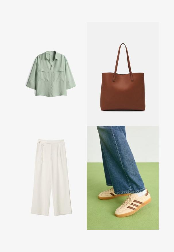 Helles grünes Kurzarmhemd mit Kragen, ausgestattet mit zwei vorderen Taschen und einer lockeren Passform. Hergestellt aus weichem, strukturiertem Stoff.; Weite Hosen aus elfenbeinfarbenem Stoff mit glatter Textur. Verfügt über einen gebundenen Bund und einen gefalteten Vorderteil, konzipiert für eine entspannte Passform.; Beige Sneakers mit strukturierten cremefarbenen Paneelen und braunen Streifen, kombiniert mit blauen Jeans. Die Jeans haben einen weiten Beinschnitt und einen fransigen Saum.; Braune Leder-Tote mit glatter Textur, offenem Oberteil und zwei Schulterriemen. Verfügt über minimale Nähte und keine sichtbaren Beschläge.