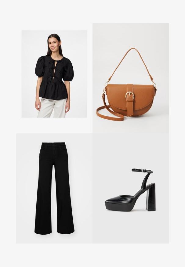 Blusa peplum preta com mangas bufantes, apresentando um buraco em forma de chave e laços de fita na parte da frente. Feita de um tecido leve com uma textura suave.; Calças largas pretas em denim, com uma cintura estruturada, passantes para cinto e bolsos frontais. Textura suave com um design clássico.; Saltos altos pretos com bico fino e atilho ajustável no tornozelo. Confeccionados em couro suave, apresentam um salto bloco robusto.; Bolsa transversal de couro castanho com um formato curvado, ferragens douradas e um detalhe de fivela. Inclui uma alça de ombro destacável.
