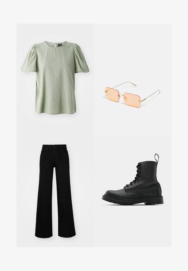 Világoszöld, rövid ujjú blúz kerek nyakkivágással, puffos ujjakkal és laza szabással. Puha, texturált anyagból készült.; Fekete, bő szárú farmernadrág, amelynek állítható derékrésze van, övhurkokkal és elülső zsebekkel. Simaság jellemzi, klasszikus dizájnnal.; Fekete bőr harci csizma, kerek orral, fűzős elülső résszel és húzófüllel a bokánál. Vastag gumitalp jellemzi, amely tartósságot biztosít.; Arany fémkeretes napszemüveg téglalap alakú, narancsszínű lencsékkel. Jellegzetesen vékony szárak és finom textúrázott díszek a pántok közelében.; Ezüst lánc karkötő, meghosszabbított szemekkel a tetején. Alatta egy színes gyöngy karkötő fekete, kék, zöld, sárga, piros és átlátszó gyöngyökkel.