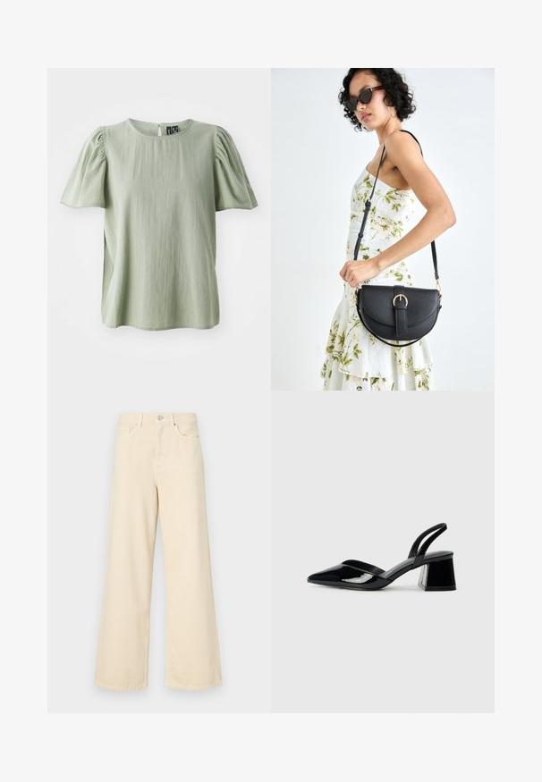 Blusa de manga curta verde-clara com decote redondo, mangas bufantes e um corte descontraído. Feita de um tecido suave e texturizado.; Jeans de perna larga bege feitos de algodão. Apresentam um fecho de botão, passadores para cinto e bolsos frontais com uma textura lisa e suave.; Sandy em verniz preto com salto slingback, ponta afilada e salto geométrico. Apresenta um design elegante e minimalista com textura suave.; Bolsa de couro preta com forma curva, alça destacável e detalhes em dourado. A bolsa possui uma aba com detalhe de fivela.