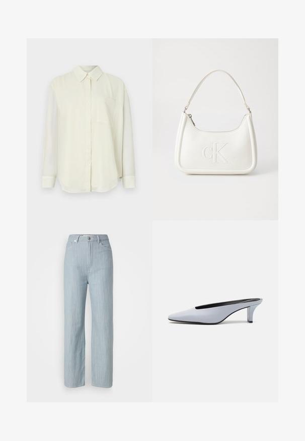 Cămașă butonată de culoare crem deschis, cu guler clasic, mâneci lungi, un buzunar pe piept și o textură de țesătură netedă și moale.; Jeans drepti de culoare bleu deschis, din denim. Prezintă cinci buzunare, un închizător metalic și o ușoară decolorare pentru textură.; Mule din piele patent albastru deschis, cu vârf ascuțit, toc transparent mic și un design elegant cu un decupaj la vamp.; Geantă de umăr din piele albă cu formă curbată, având un logo "CK" embosat pe partea din față și un singur braț de umăr. Închidere cu fermoar în partea de sus.