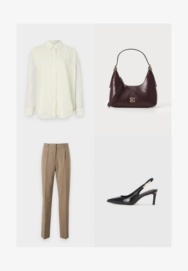 Hele kreemjas nööpidega särk klassikalise krae ja pikkade käistega, ühe rinna-taskuga ning sileda, pehme kangastruktuuriga.; Pruunid kohandatud püksid siledast kangast, sirge jala disainiga, esipintslite ja vöödega vöökohaga.; Must musta slingback kõrge kontsaga king, millel on terav nina, sile tekstuur ja kitsas pahkluu rihm, millel on kuldsete detailidega aksessuaarid.; Burgundi värvi nahast käekott, millel on kumer kuju, kuldsed aksessuaarid ja lukuga sulgemine. Omab eemaldatavat õlarihma.