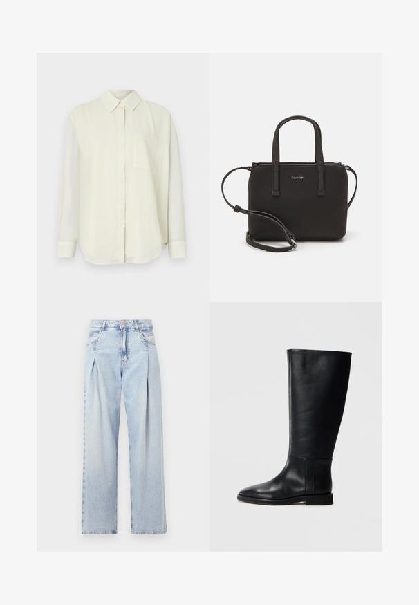 Vaalean kerma värinen nappikauluspaita, jossa on klassinen kaulus, pitkät hihat, yksi rintatasku ja sileä, pehmeä kankaan rakenne.; Vaaleansiniset farkut, joissa on korkea vyötärö, leveälahkeinen leikkaus, kaksi sivutaskua ja pleatattu muotoilu. Pehmeä rakenne, jossa on haalistunut viimeistely.; Mustat nahkaiset polvipituiset saappaat, joissa on pyöreä kärki, sileä pinta, minimalistinen muotoilu ja tasapohja. Yksinkertaiset sauman yksityiskohdat varressa.; Musta käsilaukku, jossa on kaksinkertaiset lyhyet kahvat ja irrotettava olkahihna. Silkkinen nahkatunneinen materiaali, jossa on vetoketjukiinnitys ja logoyksityiskohta.