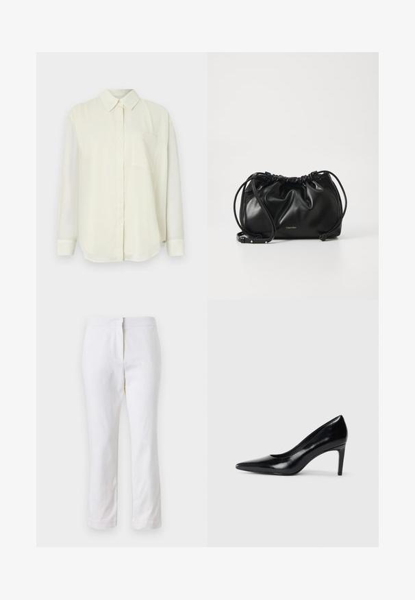 Helle Cremefarbene Hemd mit klassischem Kragen, langen Ärmeln, einer Brusttasche und einer glatten, weichen Stofftextur.; Weiße Baumwollhose mit geradem Bein, mittelhoher Taille und ohne sichtbare Beschläge oder Muster. Glatte Textur auf der gesamten Fläche.; Schwarzer Lederhochschuh mit spitzem Zehenbereich, glatter Textur und schmalem Absatz. Minimalistisches Design, keine zusätzlichen Verzierungen.; Schwarze Lederhandtasche mit gerafftem Design, doppeltem Kordelzugverschluss und abnehmbarem Schulterriemen. Mit metallic Logo-Details.
