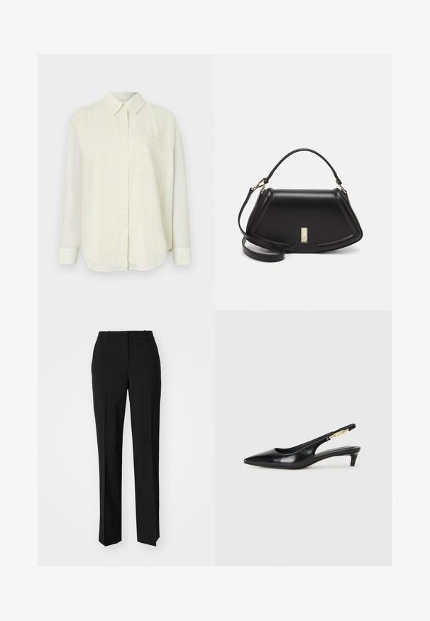 Light cream button-up shirt with a classic collar, long sleeves, a single chest pocket, and a smooth, soft fabric texture.; Black tailored trousers with a straight-leg design, featuring a smooth texture and crisp creases along the front. No visible hardware.; Black leather slingback heels with a pointed toe, featuring a slim heel and a gold-tone accent on the adjustable strap. Smooth texture.; Black leather handbag with a structured design, featuring a cropped shape, top handle, and gold hardware accent. Adjustable shoulder strap included.