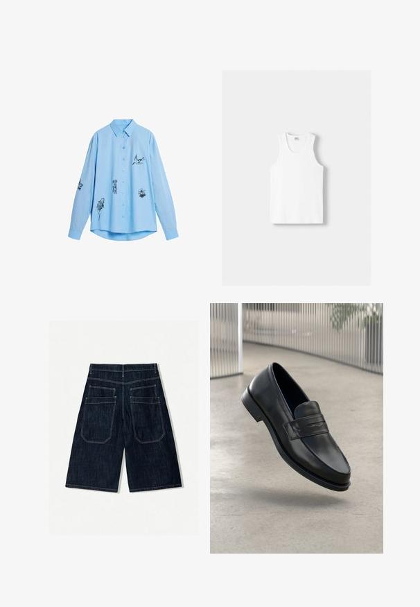 Jasnoniebieska koszula z długim rękawem z bawełny, z czarnymi haftowanymi wzorami zwierząt z przodu i na rękawach. Posiada kołnierzyk zapinany na guziki.; Biały bawełniany top na ramiączkach z okrągłym dekoltem, szerokimi ramiączkami i prostym dołem, charakteryzujący się gładką teksturą i brakiem widocznych wzorów.; Granatowe szorty dżinsowe o luźnym kroju, z dwoma tylnymi kieszeniami, kontrastowym przeszyciem i prostym krojem nogawki.; Czarna skórzana wsuwana półbut, o gładkiej fakturze, spiczastym nosku i ozdobnym paskiem na podbiciu. Lekka podeszwa, minimalistyczny design.