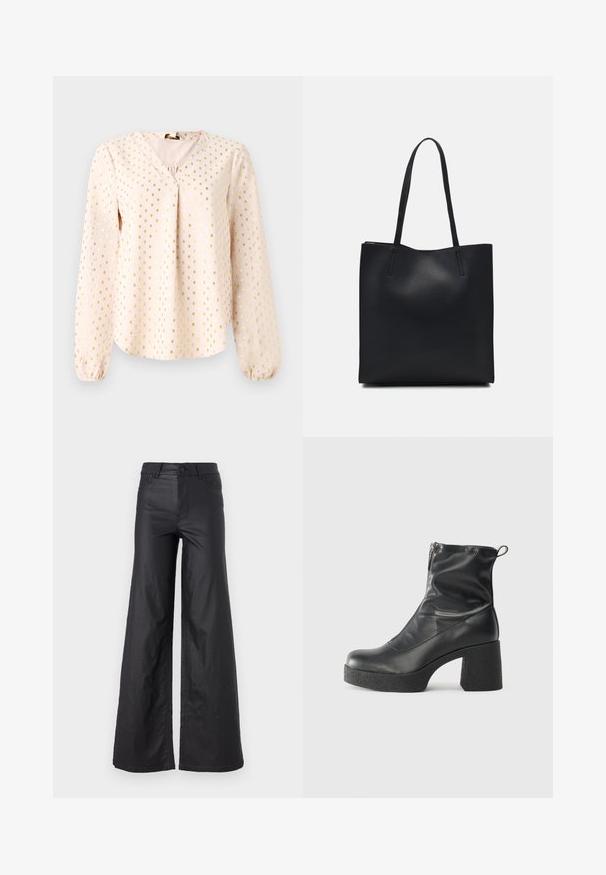 Långärmad, ljusrosa blus med V-ringning, med gyllene fyrkantiga mönster. Mjuk textur med samlade ärmslut och en avslappnad passform.; Svarta, vida byxor i ett faux lädermaterial. Har hög midja, bälteshällor, två framfickor och sömnaddetaljer.; Svarta ankelstövlar i slitstark läder, med sidodragkedja, kraftig strukturerad klack och rundad tådesign.; Svart lädertoffelväska med slät textur, rektangulär form och två långa handtag. Ingen synlig hårdvara eller dekorationer.
