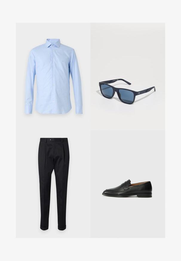 Camicia a maniche lunghe azzurro chiaro realizzata in un tessuto morbido. Presenta una chiusura con bottoni, colletto a punte e un piccolo logo sul lato sinistro del petto.; Pantaloni neri realizzati in un tessuto liscio, con una piega sul davanti, chiusura con bottone e risvolti alla caviglia.; Mocassino in pelle nera con punta arrotondata, dettagli cuciti sottili e tacco basso, caratterizzato da una texture liscia e un design minimalista.; Occhiali da sole rettangolari blu con lenti scure, montatura opaca blu navy, dettaglio del logo sulla tempia, aste dritte e una texture solida e liscia.