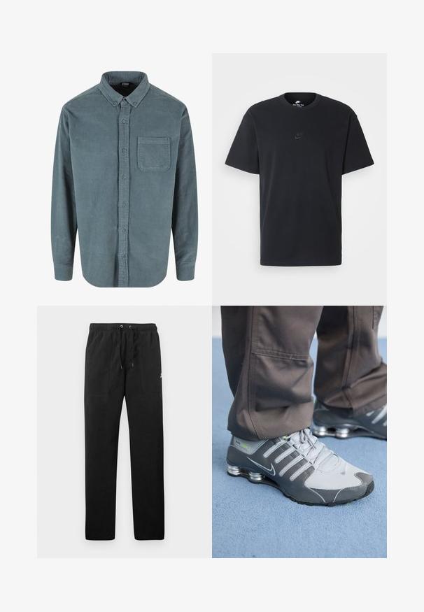 Camicia in corduroy verde acqua con colletto con bottoni, tasca frontale e maniche lunghe, caratterizzata da una texture a coste e bottoni blu.; T-shirt in cotone nero della Nike con collo rotondo classico, maniche corte e un logo in rilievo discreto sul petto. Texture liscia.; Pantaloni sportivi neri in felpa, dotati di cintura elastica con cordini, due tasche anteriori e un piccolo logo sulla coscia.; Le scarpe Nike Shox in grigio e argento presentano un design elegante, con materiali in rete e sintetici, una punta arrotondata e un colletto imbottito.