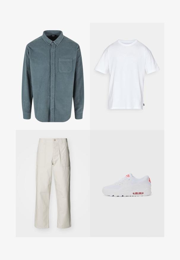 Tirkīza krāsas korduroja krekls ar pogām lejas daļā, priekšējo kabatu un pilna garuma piedurknēm, ar svītrainu faktūru un zilām pogām.; Balts kokvilnas T-krekls ar īsām piedurknēm un apaļu kakla izgriezumu. Uz krūtīm ir maza, diskrēta Nike logo un sānu birka.; Gaiši bežs platā kāju bikses, izgatavotas no kokvilnas. Iekļautas priekšējās kabatas un pogu aizdare. Gluda tekstūra ar smalkām vertikālām līnijām.; Baltas sporta apavi ar gludu augšdaļu, saitēm, mīkstu zoli un redzamu gaisa vienību ar sarkaniem akcentiem uz zīmola.