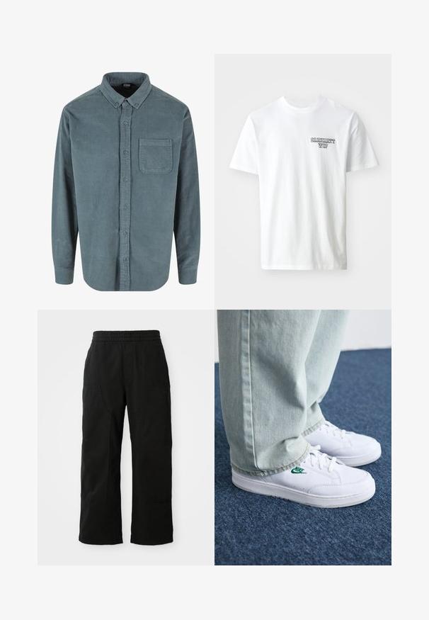 Türkiz barna ing, gombos gallérral, elülső zsebével és hosszú ujjakkal, bordázott textúrával és kék gombokkal.; Fehér pamut póló kerek nyakkivágással. Kis kék színű logóval ellátott, amelyen a "CARHARTT WIP" felirat szerepel a bal mellrészen. Klasszikus szabású, rövid ujjú.; Fekete pamut nadrág rugalmas derékkal, széles lábakkal és nagy oldalzsebekkel. Az anyag lágy és sima tapintású.; Fehér bőr sportcipők zöld Nike logóval, kerek orral, lapos talppal, világoskék farmernadrággal párosítva, kék szőnyegen bemutatva.
